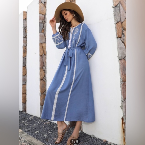 Blue Floral Embroidered tassel tie belted dress - Picture 3 of 4